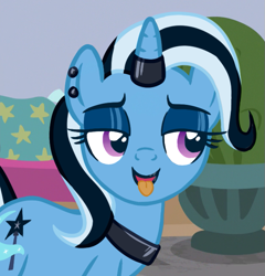 Size: 625x651 | Tagged: safe, artist:anonymous, derpibooru exclusive, edit, edited edit, edited screencap, imported from derpibooru, screencap, trixie, pony, unicorn, a horse shoe-in, altered cutie mark, bedroom eyes, cropped, dyed mane, dyed tail, ear piercing, eyeshadow, female, goth, horn, horn ring, jewelry, lidded eyes, lipstick, makeup, mare, open mouth, open smile, piercing, ring, smiling, solo, tail, tongue out