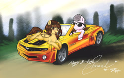 Size: 2600x1639 | Tagged: safe, artist:carykaiba, imported from derpibooru, oc, oc:agora, oc:caramel, pegasus, car, chevrolet camaro, female, looking at you, lying down, male, mare, pegasus oc, sunglasses