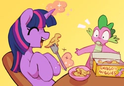 Size: 1700x1186 | Tagged: safe, artist:orchidpony, imported from derpibooru, spike, twilight sparkle, dragon, pony, unicorn, eating, food, fork, glowing, glowing horn, horn, magic, meat, ponies eating meat, telekinesis, unicorn twilight