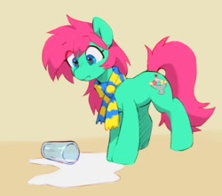 Size: 1130x997 | Tagged: safe, artist:orchidpony, imported from derpibooru, oc, oc only, oc:minty split, earth pony, pony, clothes, glass, meme, scarf, solo, spill, spilled milk, striped scarf