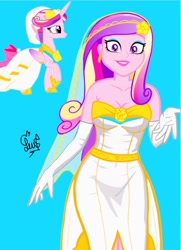 Size: 952x1316 | Tagged: safe, artist:flutteryaylove, imported from derpibooru, princess cadance, alicorn, human, pony, a canterlot wedding, equestria girls, blue background, breasts, busty princess cadance, canterlot wedding 10th anniversary, clothes, dean cadance, dress, female, g4, horn, looking at you, show accurate, simple background, smiling, veil, wedding dress, wedding veil, wings