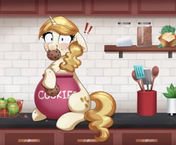 Size: 4000x3298 | Tagged: safe, alternate version, artist:confetticakez, imported from derpibooru, sweet biscuit, pony, unicorn, !!!, adorabiscuit, apple, blushing, caught, chest fluff, cookie, cookie jar, cookie thief, cute, eating, exclamation point, female, floppy ears, food, jar, kitchen, looking at you, mare, solo, spatula, spoon