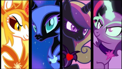 Size: 1080x610 | Tagged: source needed, safe, artist:neodarkwing, edit, imported from derpibooru, daybreaker, nightmare moon, princess cadance, twilight sparkle, alicorn, pony, alicorn tetrarchy, corrupted, editor needed, evil, evil sisters, g4, glowing, glowing horn, horn, mane of fire, midnight sparkle, nightmare cadance, nightmare heart, nightmarified, show accurate, twilight sparkle (alicorn), wings