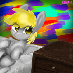 Size: 1196x1196 | Tagged: safe, artist:qianz, derpibooru exclusive, imported from derpibooru, derpy hooves, pegasus, bed, solo