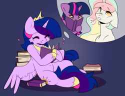 Size: 2178x1676 | Tagged: safe, artist:pledus, imported from derpibooru, princess celestia, twilight sparkle, oc, oc:princess morning star, alicorn, pony, adorable face, alicorn oc, alicorn princess, book, commissioner:bigonionbean, crown, cute, decorating, dialogue, female, fusion, fusion:princess celestia, fusion:twilight sparkle, heart, high res, horn, jewelry, mane, mare, not twilight sparkle, reading, regalia, royalty, sigh, spread wings, stack, thought bubble, twilight sparkle (alicorn), wings, writer:bigonionbean