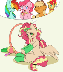 Size: 2628x3000 | Tagged: safe, artist:pledus, imported from derpibooru, applejack, pinkie pie, rainbow dash, sunset shimmer, oc, oc:queen motherly morning, alicorn, earth pony, pegasus, pony, unicorn, alicorn oc, ball, blushing, clothes, cowboy hat, female, fusion, fusion:applejack, fusion:pinkie pie, fusion:rainbow dash, fusion:sunset shimmer, hat, headband, horn, loop-de-hoop, socks, spread wings, stetson, sweat, thought bubble, weights, wings