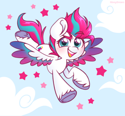 Size: 2670x2491 | Tagged: safe, artist:ninnydraws, imported from derpibooru, zipp storm, pegasus, pony, abstract background, adorazipp, blushing, cloud, cute, female, flying, g5, heart eyes, high res, looking at you, mare, open mouth, open smile, sky background, smiling, smiling at you, solo, spread wings, stars, unshorn fetlocks, wingding eyes, wings