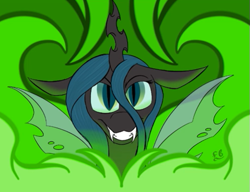 Size: 521x401 | Tagged: safe, artist:feather_bloom, imported from derpibooru, queen chrysalis, changeling, changeling queen, canterlot wedding 10th anniversary, changeling wings, detailed background, evil grin, fangs, female, fire, green eyes, green fire, grin, laughing, old art, smiling, solo, symmetrical, teeth, wings