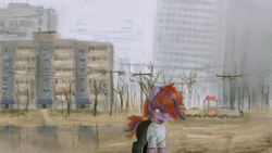 Size: 1920x1080 | Tagged: safe, artist:menalia, imported from derpibooru, oc, oc only, unnamed oc, earth pony, pony, building, clothes, female, hair over one eye, looking away, mare, outdoors, pants, plattenbau, playground, power line, shirt, solo, standing, t-shirt, tree