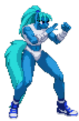 Size: 213x327 | Tagged: safe, artist:zeka10000, imported from derpibooru, oc, oc:nina dasher, anthro, pegasus, plantigrade anthro, bandage, clothes, female, kickboxing, mugen, panties, pixel art, ponytail, shoes, simple background, solo, sports bra, sports panties, transparent background, underwear, wingless