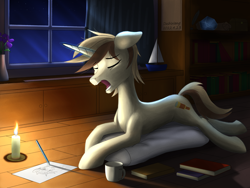 Size: 3000x2250 | Tagged: safe, artist:dash wang, imported from derpibooru, oc, oc only, oc:cream brun, pony, unicorn, book, bookshelf, candle, cup, drawing, flower, male, sleepy, solo, yawn