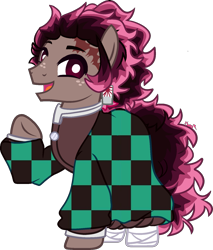 Size: 1395x1639 | Tagged: safe, artist:kurosawakuro, imported from derpibooru, earth pony, pony, anime, clothes, demon slayer, male, simple background, solo, stallion, tanjiro kamado, transparent background, unmoving plaid