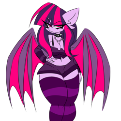 Size: 1280x1280 | Tagged: safe, artist:ladylullabystar, imported from derpibooru, oc, oc only, oc:kissy missy, anthro, bat pony, clothes, goth, shorts, simple background, socks, solo, stockings, striped socks, thigh highs, transparent background