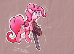 Size: 2388x1760 | Tagged: safe, artist:solid shrimp, imported from derpibooru, pinkie pie, earth pony, pony, demoman, shield, solo, sword, team fortress 2, weapon