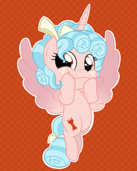 Size: 2997x3750 | Tagged: safe, artist:squipycheetah, imported from derpibooru, cozy glow, alicorn, pegasus, pony, abstract background, alicornified, antagonist, checkered background, cozybetes, cozycorn, cute, female, filly, foal, hooves on cheeks, outline, race swap, show accurate, smiling, solo, squishy cheeks, white outline, wide smile