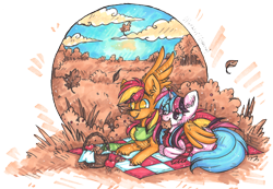 Size: 1704x1181 | Tagged: safe, artist:tay-niko-yanuciq, imported from derpibooru, oc, oc only, pegasus, pony, apple, basket, clothes, duo, ear fluff, eye clipping through hair, food, lying down, mouth hold, outdoors, pegasus oc, picnic, picnic basket, picnic blanket, prone, scarf, simple background, transparent background