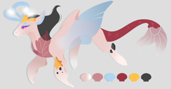 Size: 5511x2880 | Tagged: safe, artist:ryrxian, imported from derpibooru, oc, oc only, draconequus, pony, draconequus oc, gray background, interspecies offspring, offspring, parent:discord, parent:queen novo, reference sheet, simple background, smiling, solo