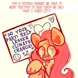 Size: 1280x1280 | Tagged: safe, artist:sockiepuppetry, imported from derpibooru, fluttershy, pegasus, pony, climate change, crying, current events, earth, female, heart, heart eyes, mare, sign, solo, wingding eyes