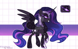 Size: 1280x797 | Tagged: safe, artist:henori_artist, imported from derpibooru, twilight sparkle, pony, base used, deviantart watermark, ethereal mane, eyelashes, female, hoof shoes, makeup, mare, nightmare twilight, nightmarified, obtrusive watermark, reference sheet, show accurate, smiling, solo, starry mane, watermark