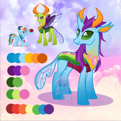 Size: 1280x1280 | Tagged: safe, artist:shiee-artopia223, imported from derpibooru, rainbow dash, thorax, changedling, changeling, pegasus, pony, antlers, base used, female, fusion, king thorax, looking back, mare, reference sheet, show accurate, wings