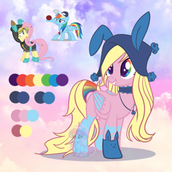 Size: 1200x1200 | Tagged: safe, artist:shiee-artopia223, imported from derpibooru, fluttershy, rainbow dash, pegasus, pony, abstract background, base used, bunny ears, cap, choker, clothes, costume, dangerous mission outfit, female, fusion, goggles, grin, hat, hoodie, jewelry, mare, necklace, reference sheet, show accurate, smiling