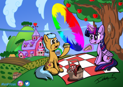 Size: 3508x2481 | Tagged: safe, artist:memprices, imported from derpibooru, twilight sparkle, oc, oc:hope dusk, alicorn, earth pony, pony, apple, apple tree, barn, basket, burger, comic style, commission, complex background, date, earth pony oc, eating, food, having fun, hay burger, herbivore, high res, magic, munching, picnic, picnic basket, picnic blanket, sandwich, shading, signature, sitting, social media, sonic rainboom, sweet apple acres, talking, tree, twilight sparkle (alicorn)