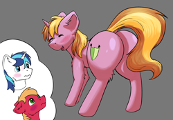 Size: 2360x1640 | Tagged: safe, artist:shaliwolf, imported from derpibooru, oc, oc:home defence, earth pony, pony, unicorn, blushing, butt, commissioner:bigonionbean, flank, fusion, fusion:big macintosh, fusion:shining armor, large butt, looking at you, looking back, male, parent:big macintosh, parent:shining armor, plot, stallion, thought bubble, writer:bigonionbean