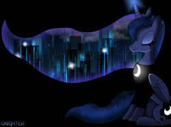 Size: 2650x1974 | Tagged: safe, artist:qnighter, imported from derpibooru, princess luna, alicorn, building, clothes, cloud, crown, eyes closed, female, glowing horn, lights, long sleeves, magic, mare, moon, new york city, night, regalia, shirt, sitting, solo, starry mane, stars