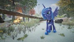 Size: 1280x720 | Tagged: safe, artist:fantom.ent, imported from derpibooru, princess luna, alicorn, pony, 3d, forest, frost, grass, photo, s1 luna, snow, snowfall, solo, tree, unreal engine