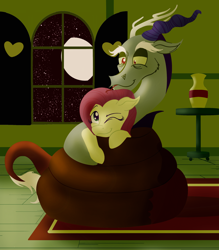 Size: 2100x2400 | Tagged: safe, artist:sixes&sevens, imported from derpibooru, discord, fluttershy, draconequus, pegasus, pony, carpet, coiling, coils, cuddling, discoshy, duo, duo male and female, female, fluttershy's cottage, forked tongue, high res, male, moon, night, one eye closed, shipping, smiling, snake hug, snuggling, stars, straight, tongue out, vase