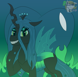 Size: 1215x1200 | Tagged: safe, artist:gray star, imported from derpibooru, queen chrysalis, changeling, changeling queen, canterlot wedding 10th anniversary, female, fire, grin, heart, smiling