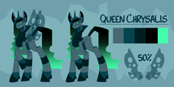 Size: 1280x646 | Tagged: safe, artist:casperazrael, imported from derpibooru, queen chrysalis, changeling, changeling queen, canterlot wedding 10th anniversary, female, horn, raised hoof, redesign, reference sheet, spread wings, wings