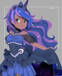 Size: 1089x1331 | Tagged: safe, artist:efuji_d, imported from derpibooru, kotobukiya, princess luna, human, bare shoulders, clothes, cute, dress, female, gray background, horn, horned humanization, humanized, kotobukiya princess luna, lunabetes, moderate dark skin, signature, simple background, smiling