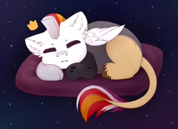 Size: 2041x1477 | Tagged: artist needed, safe, imported from derpibooru, oc, oc:myrilith, draconequus, crown, cute, draconequus oc, jewelry, pillow, regalia, sleeping, solo, space