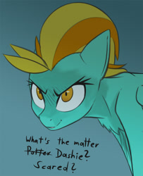 Size: 808x994 | Tagged: safe, artist:ikarooz, imported from derpibooru, lightning dust, pegasus, pony, chest fluff, dialogue, draco malfoy, harry potter (series), kubrick stare, reference, sinister, smiling, smirk, solo