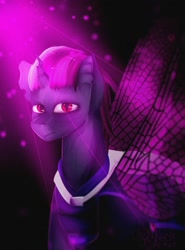 Size: 1600x2160 | Tagged: artist needed, safe, imported from derpibooru, oc, oc:king dorigan, changeling, dark, light, looking at you, purple changeling, shadow, solo