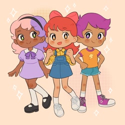 Size: 2000x2000 | Tagged: safe, artist:rosabeeart, imported from derpibooru, apple bloom, scootaloo, sweetie belle, human, blackwashing, clothes, cutie mark crusaders, dark skin, humanized, looking at you, smiling, sparkles