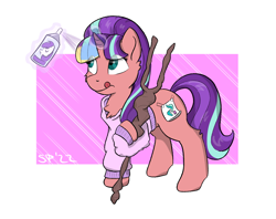 Size: 2062x1635 | Tagged: safe, artist:single purpose, imported from derpibooru, oc, oc only, pony, unicorn, clothes, cosplay, costume, fake cutie mark, glowing, glowing horn, horn, paper, solo, spray, spray paint, staff, sweater, tongue out