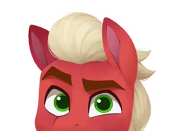 Size: 1134x850 | Tagged: safe, artist:bcpony, imported from derpibooru, part of a set, sprout cloverleaf, earth pony, pony, bust, colored pupils, cute, g5, head only, looking at you, male, peeking, portrait, simple background, solo, sproutbetes, stallion, white background