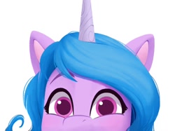 Size: 1134x850 | Tagged: safe, artist:bcpony, imported from derpibooru, part of a set, izzy moonbow, pony, unicorn, bust, colored pupils, cute, female, g5, head only, izzybetes, looking at you, mare, peeking, portrait, simple background, solo, white background