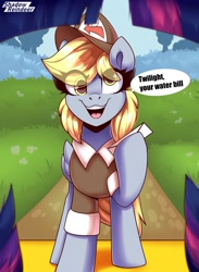 Size: 1200x1636 | Tagged: safe, artist:shadowreindeer, imported from derpibooru, derpy hooves, twilight sparkle, alicorn, pegasus, pony, bill, cute, derp, derpabetes, dialogue, eye clipping through hair, hat, mailmare, mailmare hat, mailmare uniform, offscreen character, open mouth, open smile, pov, smiling, text, twilight sparkle (alicorn)