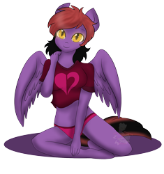 Size: 1587x1686 | Tagged: safe, artist:darkdreamingblossom, imported from derpibooru, oc, oc only, oc:dark dreaming blossom, anthro, pegasus, anthro oc, clothes, cute, female, midriff, ocbetes, pegasus oc, shirt, simple background, smiling, solo, transparent background, underwear