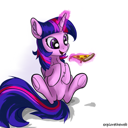 Size: 2048x2048 | Tagged: safe, artist:exploretheweb, imported from derpibooru, twilight sparkle, alicorn, pony, cute, female, food, glowing, glowing horn, horn, magic, meat, pepperoni, pepperoni pizza, pizza, simple background, solo, telekinesis, twilight sparkle (alicorn), white background