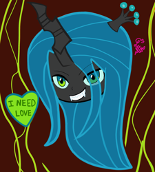 Size: 2184x2427 | Tagged: safe, artist:flutteryaylove, imported from derpibooru, queen chrysalis, brown background, canterlot wedding 10th anniversary, crown, female, heart, horn, jewelry, regalia, simple background, smiling, solo, text