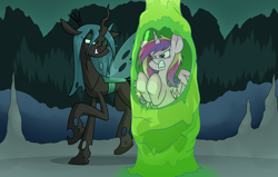 Size: 3000x1902 | Tagged: safe, artist:moonatik, imported from derpibooru, princess cadance, queen chrysalis, alicorn, changeling, changeling queen, angry, bad end, canterlot wedding 10th anniversary, captive, captured, cave, changeling domination, changeling slime, cocoon, crown, evil, evil grin, female, grin, gritted teeth, horn, jewelry, mare, regalia, smiling, teeth, trapped, wings