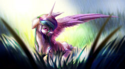 Size: 2245x1244 | Tagged: safe, artist:itssim, imported from derpibooru, princess celestia, alicorn, pony, cute, cutelestia, female, grass, looking at you, mare, smiling, smiling at you, solo, spread wings, wet, wet mane, wings