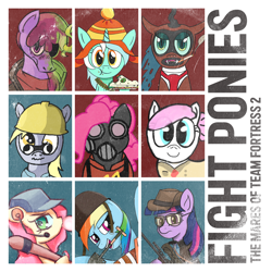 Size: 1500x1500 | Tagged: safe, artist:truthormare, imported from derpibooru, berry punch, berryshine, derpy hooves, fluttershy, lyra heartstrings, nurse redheart, pinkie pie, queen chrysalis, rainbow dash, twilight sparkle, earth pony, pegasus, pony, unicorn, /mlp/ tf2 general, collaboration, demoman, engineer, gun, heavy weapons guy, helmet, market gardener, medic, pinkie pyro, pyro, rifle, rocket jumper, scout, shovel, sniper, sniper rifle, soldier, spy, team fortress 2, twilight sniper, weapon