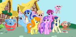 Size: 1777x867 | Tagged: safe, artist:julie56, edit, imported from derpibooru, amethyst star, berry punch, berryshine, bon bon, carrot top, golden harvest, lily, lily valley, linky, minuette, shoeshine, sparkler, sweetie drops, cat, earth pony, elephant, monkey, mouse, pony, unicorn, adorabon, awwmethyst star, background pony, berrybetes, buddies, chico bon bon, chico bon bon: monkey with a tool belt, clark the elephant, crossover, cute, cutie top, female, g4, lilybetes, linkybetes, male, mare, minubetes, namesake, ponyville, pun, rainbow thunder, tiny (chico bon bon: monkey with a tool belt), visual pun