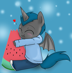 Size: 604x608 | Tagged: safe, artist:darkdreamingblossom, imported from derpibooru, oc, anthro, bat pony, anthro oc, bat pony oc, blushing, chibi, clothes, eyes closed, food, herbivore, male, solo, watermelon