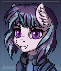 Size: 2000x2330 | Tagged: safe, artist:eltaile, imported from derpibooru, starlight glimmer, pony, unicorn, alternate hairstyle, bust, clothes, collaboration, collaboration:choose your starlight, cosplay, costume, crossover, cyberpunk, ear fluff, female, ghost in the shell, mare, motoko kusanagi, portrait, simple background, smiling, solo